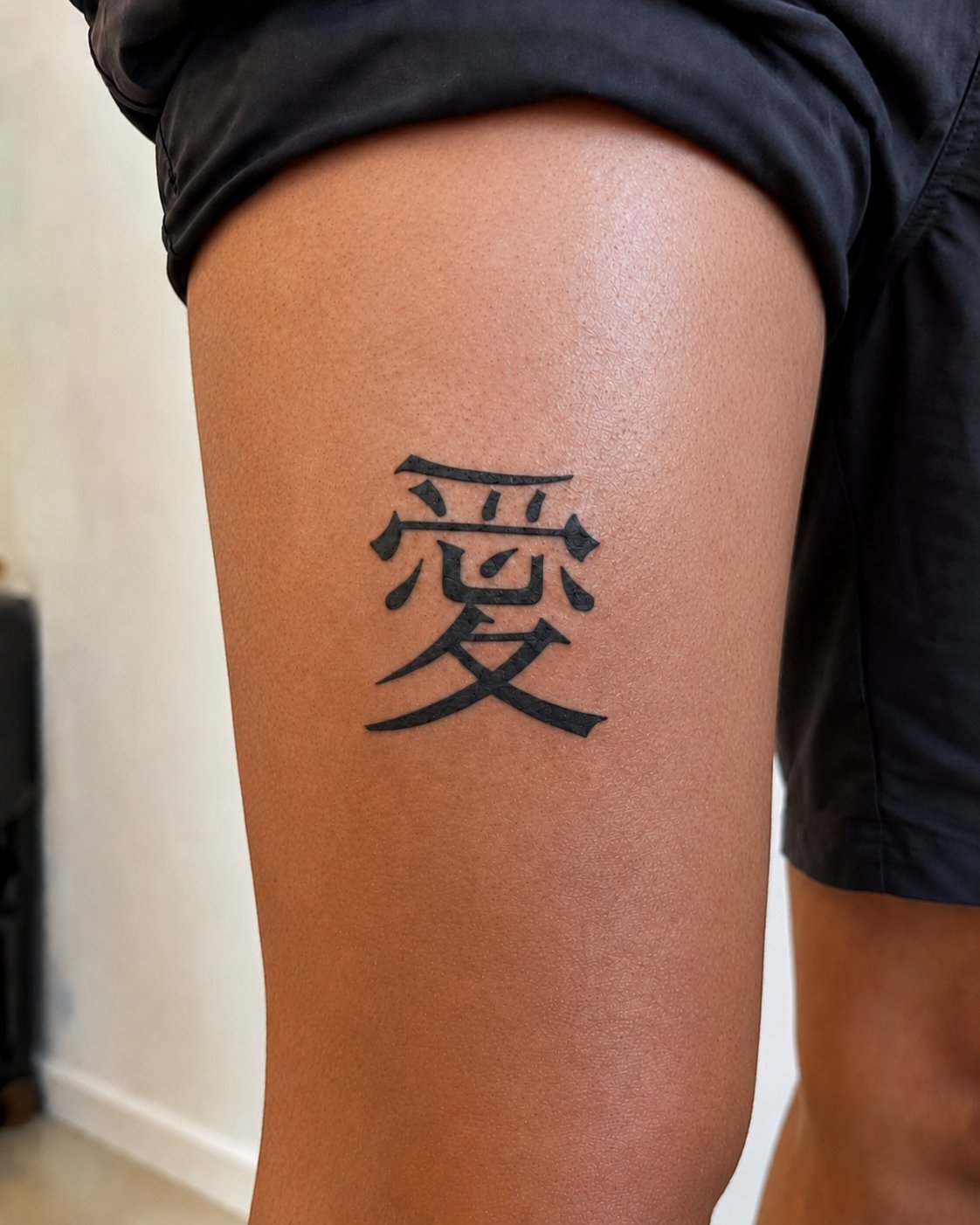 Thigh tattoo of 愛, mirror-reversed